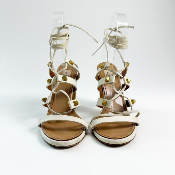 VALENTINO Rockstud White Gladiator Heels Size 37 Sandal Ankle Wrap Tie Lace Up - Picture 7 of 12